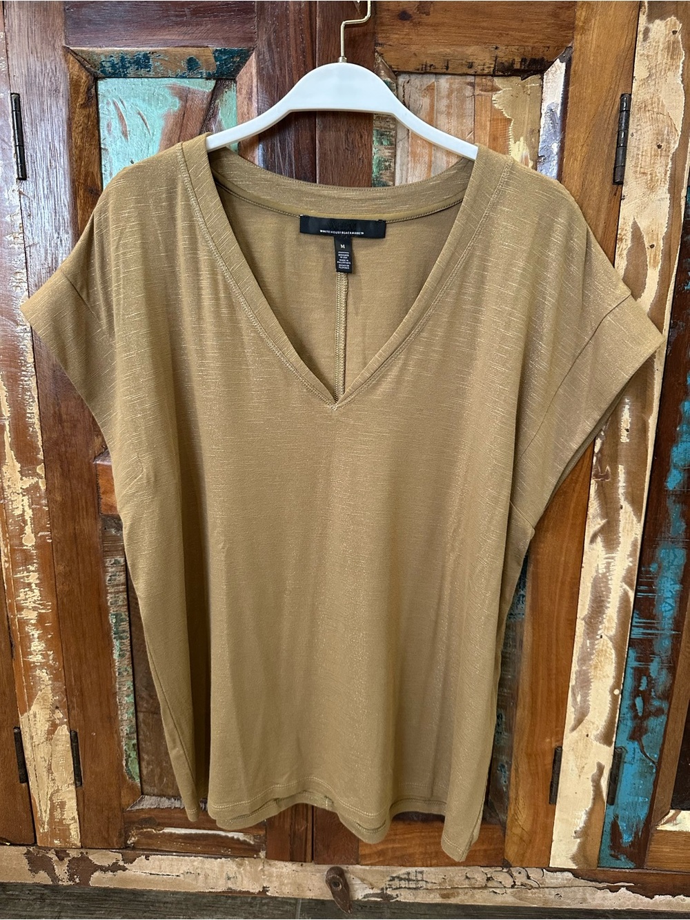 White House Black Market Shimmery Gold V-Neck Top